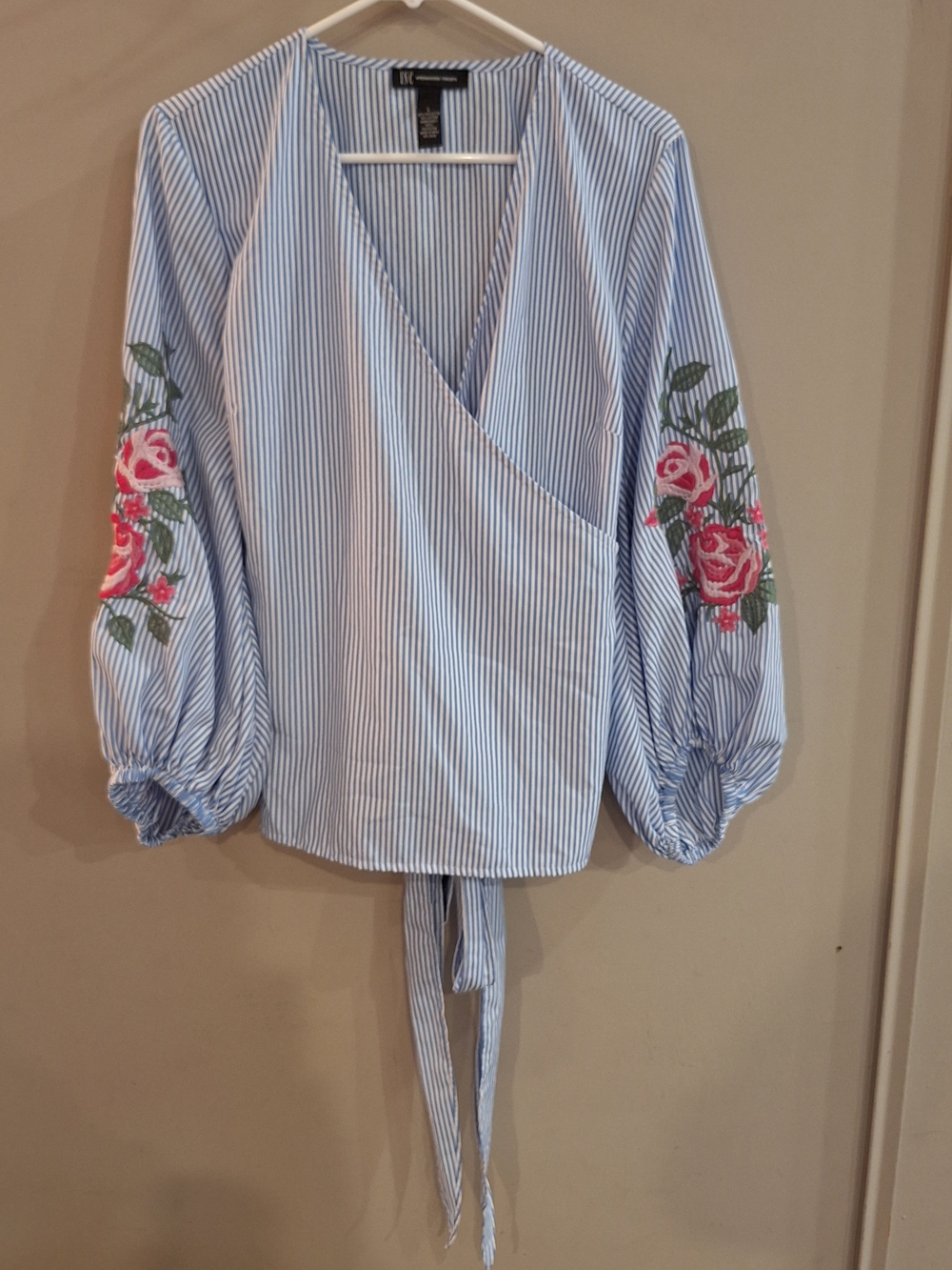 INC International Concepts Blue Stripe Wrap Blouse with Pink Rose Embroidery